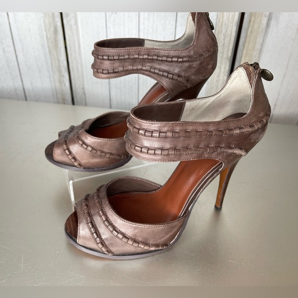 Leon Max Braided Leather Peep Toe Heels Distressed Brown Size 9 - Picture 1 of 5